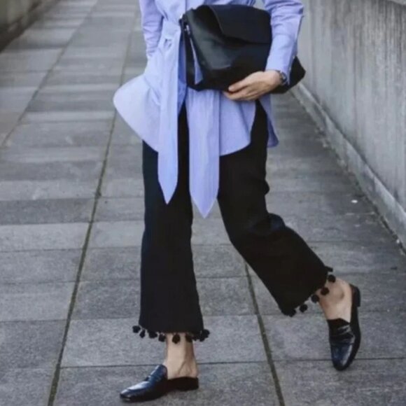 NEW Zara Black Pompom Tassel Hem Cropped Flare Career  Pants Trousers Size S - Picture 16 of 16